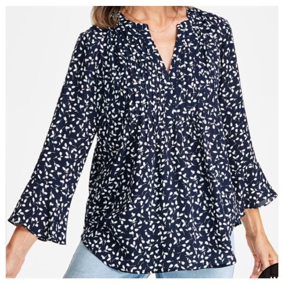 Style & Co Navy Floral Top Womens Medium Pintucked Bell Sleeve Career Blouse - Picture 1 of 9